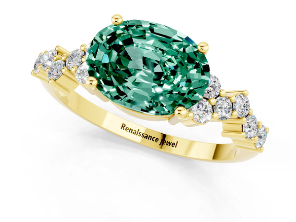 Yellow gold Oval Cut Green Sapphire Scattered Round Accent Ring with Prong Setting