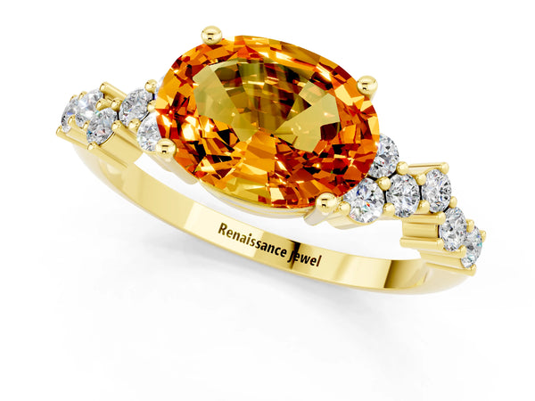 Yellow gold Oval Cut Citrine Scattered Round Accent Ring with Prong Setting