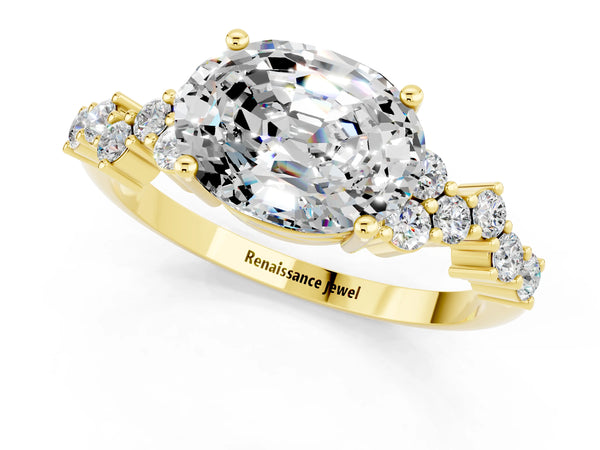 Yellow gold Oval Cut Moissanite Scattered Round Accent Ring with Prong Setting