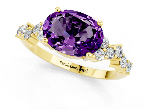 Yellow gold Oval Cut Amethyst Scattered Round Accent Ring with Prong Setting