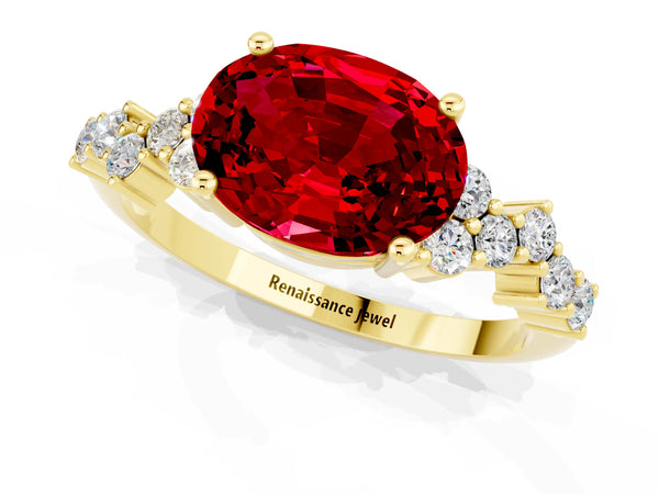 Yellow gold Oval Cut Ruby Scattered Round Accent Ring with Prong Setting