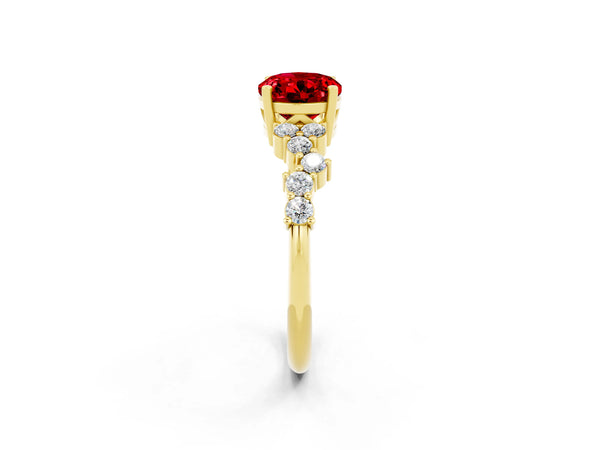 Yellow gold Oval Cut Ruby Scattered Round Accent Ring with Prong Setting