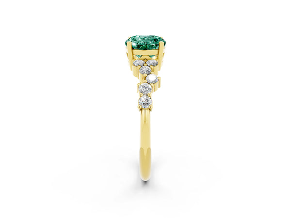 Yellow gold Oval Cut Green Sapphire Scattered Round Accent Ring with Prong Setting