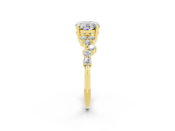 Yellow gold Oval Cut Moissanite Scattered Round Accent Ring with Prong Setting