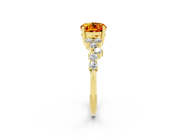Yellow gold Oval Cut Citrine Scattered Round Accent Ring with Prong Setting