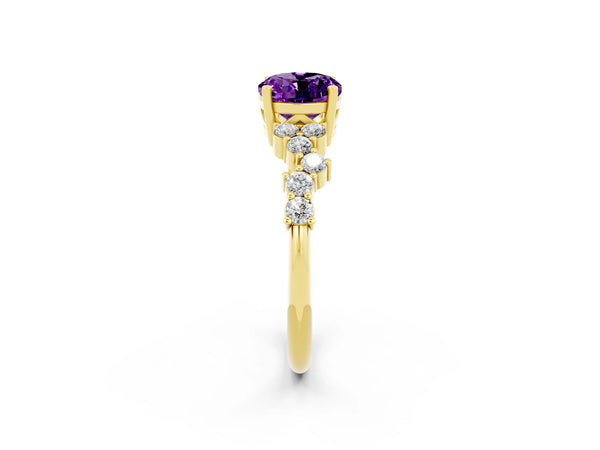 Yellow gold Oval Cut Amethyst Scattered Round Accent Ring with Prong Setting