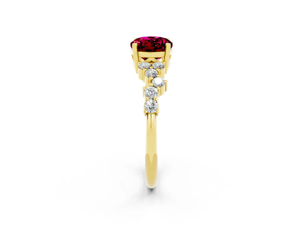 Yellow gold Oval Cut Garnet Scattered Round Accent Ring with Prong Setting