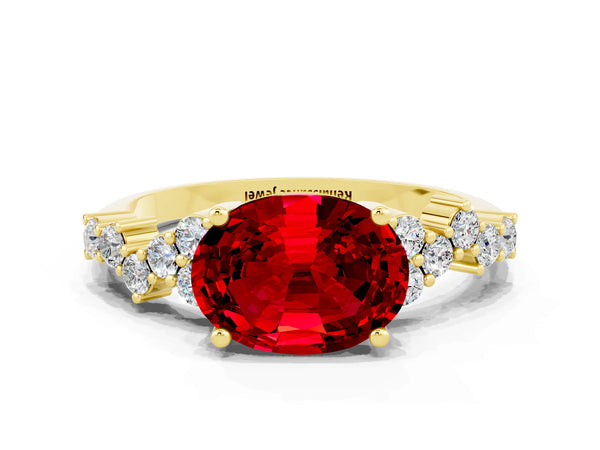 Yellow gold Oval Cut Ruby Scattered Round Accent Ring with Prong Setting