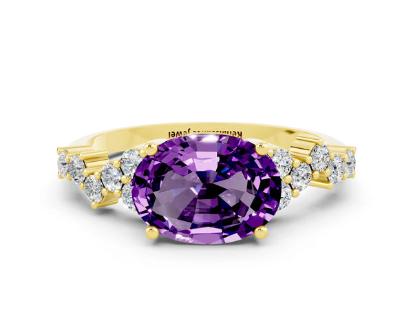 Yellow gold Oval Cut Amethyst Scattered Round Accent Ring with Prong Setting