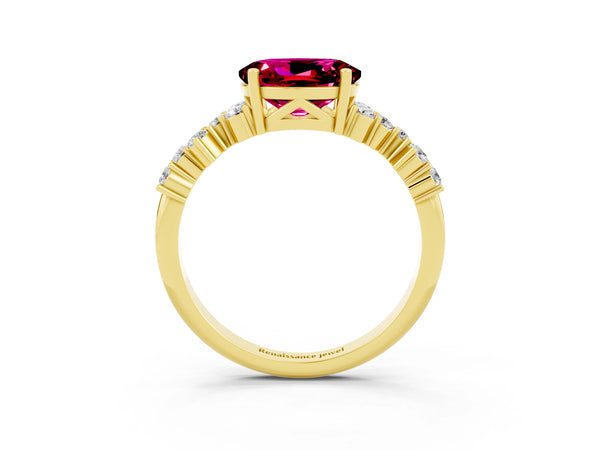 Yellow gold Oval Cut Garnet Scattered Round Accent Ring with Prong Setting