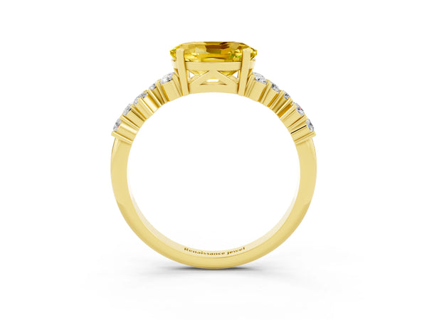 Yellow gold Oval Cut Yellow Sapphire Scattered Round Accent Ring with Prong Setting