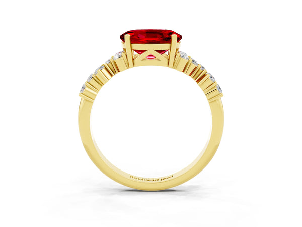 Yellow gold Oval Cut Ruby Scattered Round Accent Ring with Prong Setting