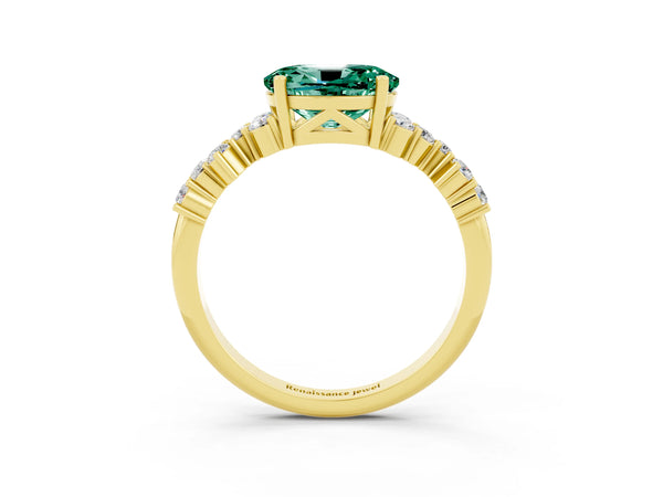 Yellow gold Oval Cut Green Sapphire Scattered Round Accent Ring with Prong Setting