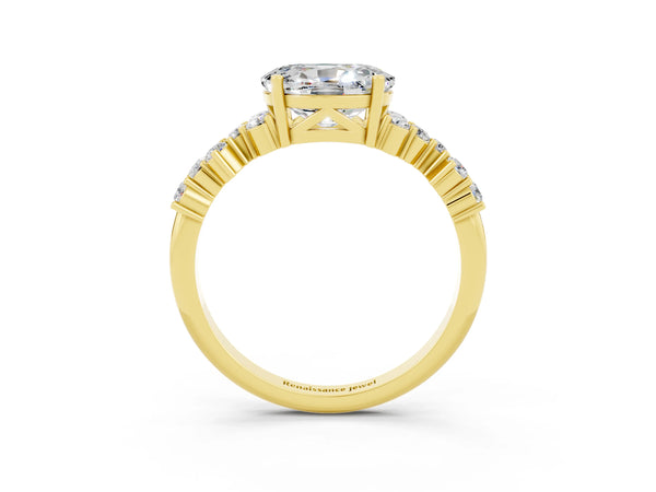 Yellow gold Oval Cut Moissanite Scattered Round Accent Ring with Prong Setting