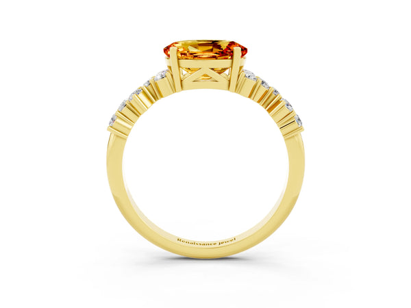 Yellow gold Oval Cut Citrine Scattered Round Accent Ring with Prong Setting