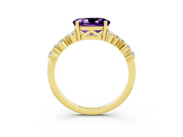Yellow gold Oval Cut Amethyst Scattered Round Accent Ring with Prong Setting