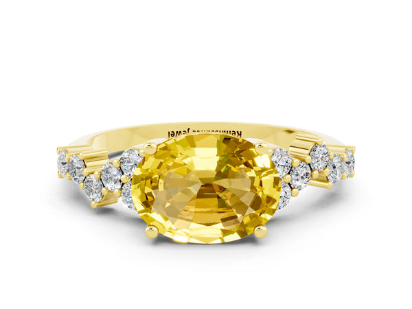 Yellow gold Oval Cut Yellow Sapphire Scattered Round Accent Ring with Prong Setting