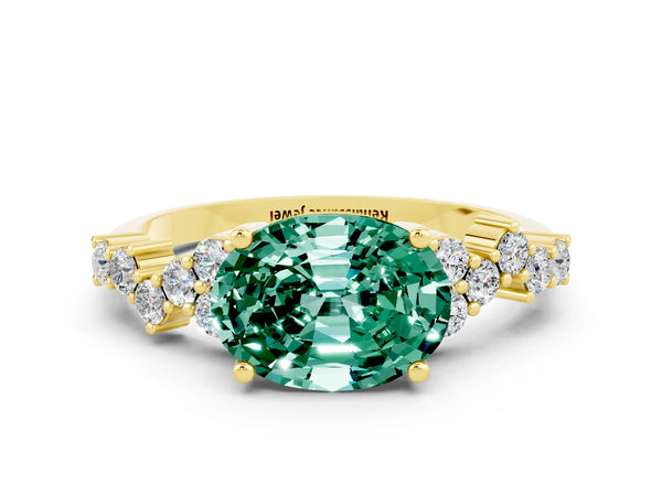 Yellow gold Oval Cut Green Sapphire Scattered Round Accent Ring with Prong Setting