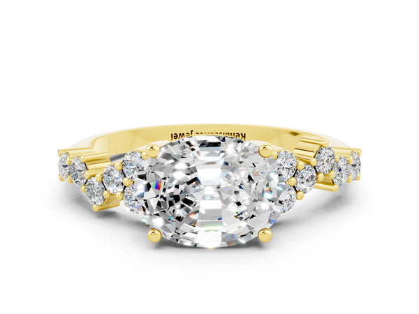 Yellow gold Oval Cut Moissanite Scattered Round Accent Ring with Prong Setting