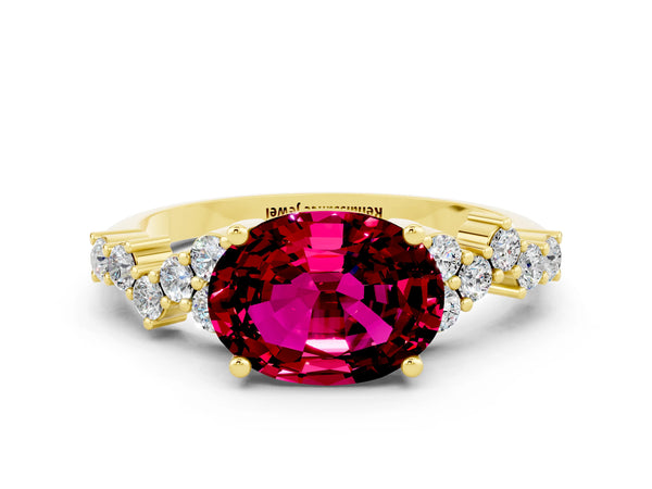 Yellow gold Oval Cut Garnet Scattered Round Accent Ring with Prong Setting