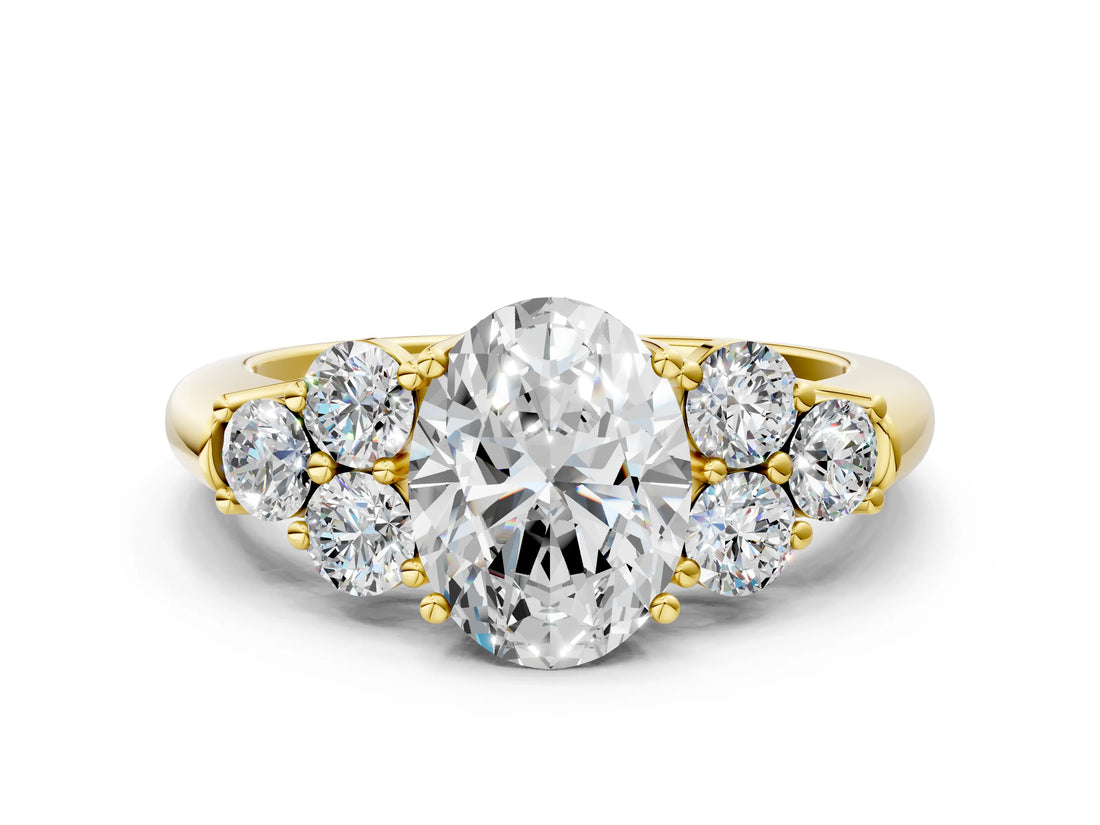 Yellow gold Oval Cut Diamond Cluster Ring with Round Accent Stones and Prong Setting on a Classic Band_57