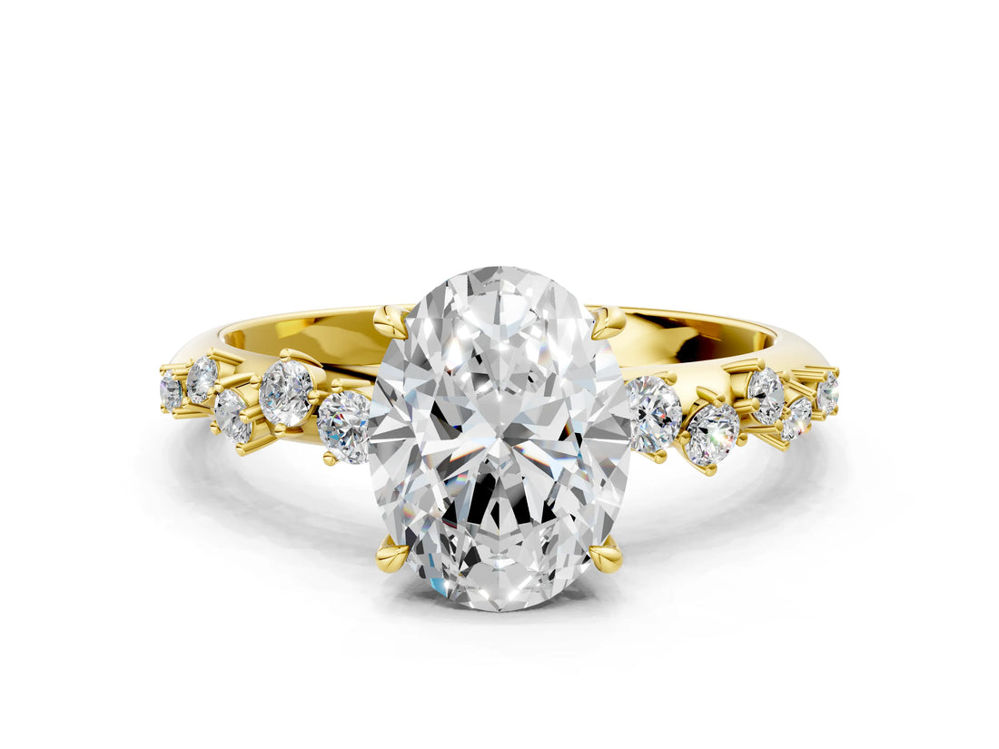 Yellow gold Oval Cut Diamond Cluster Side Stone Solitaire Ring with Prong Setting_74