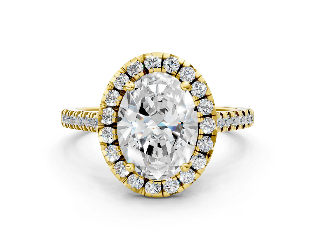 Yellow gold Oval Cut Diamond Cushion Halo Ring with Pavé Band_3