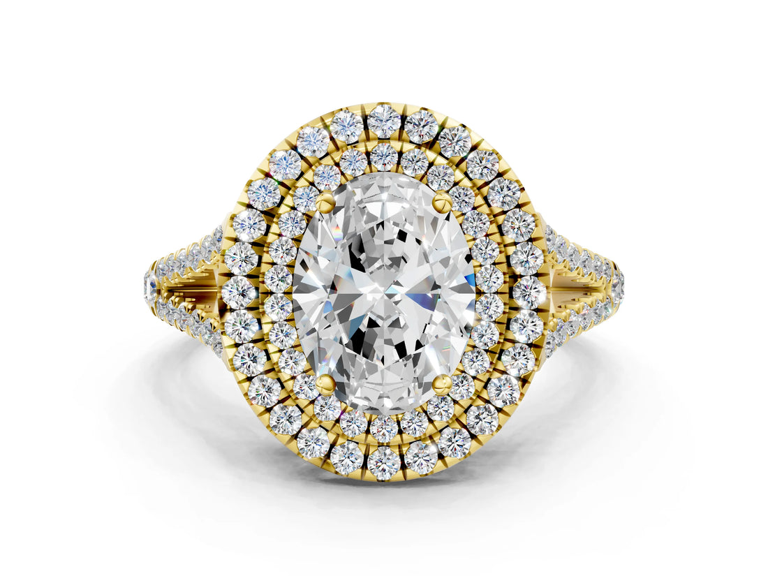 Yellow gold Oval Cut Diamond Double Halo Ring with Pavé Band and Prong Setting_97