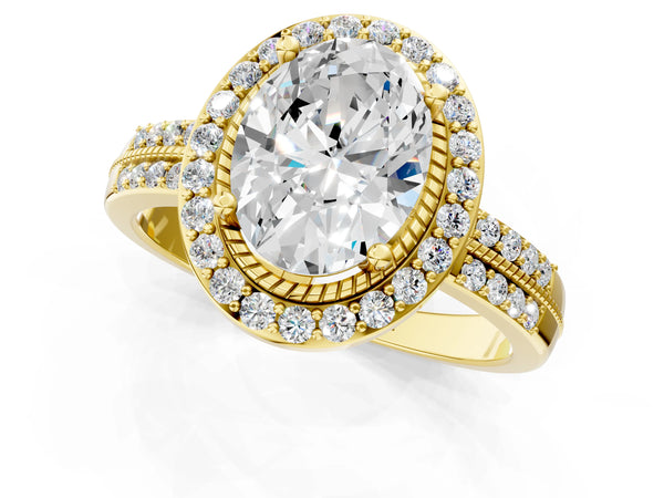 Yellow gold Oval Cut Diamond Double Halo Ring with Split Shank and Four-Prong Setting