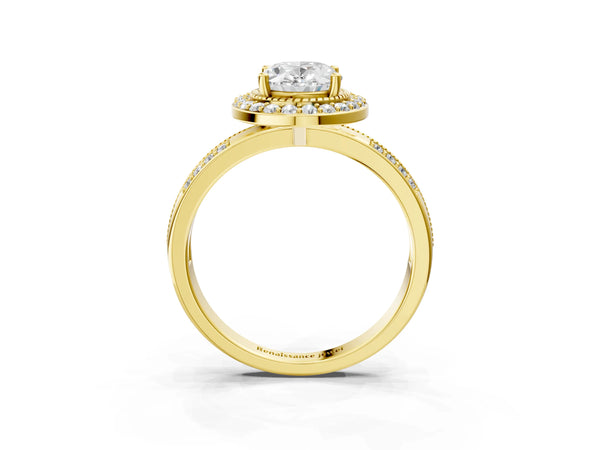 Yellow gold Oval Cut Diamond Double Halo Ring with Split Shank and Four-Prong Setting