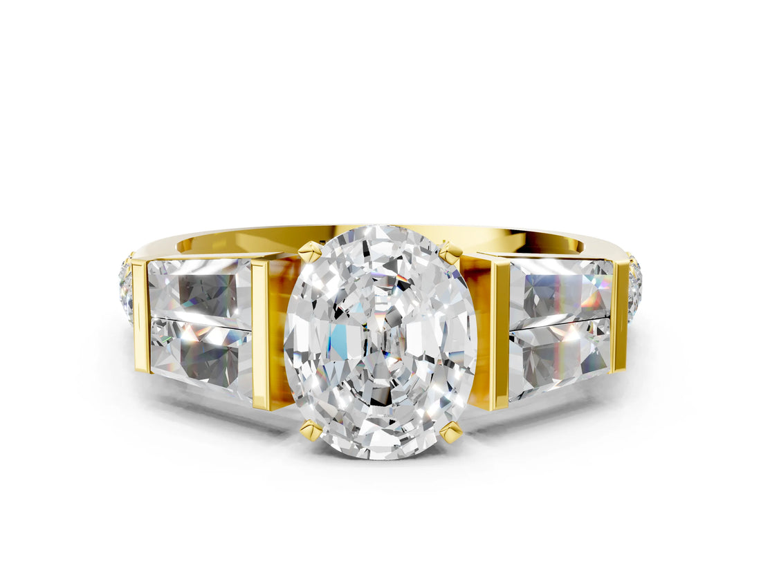 Yellow gold Oval Cut Diamond Engagement Ring with Baguette Side Stones and Channel Set Band_43