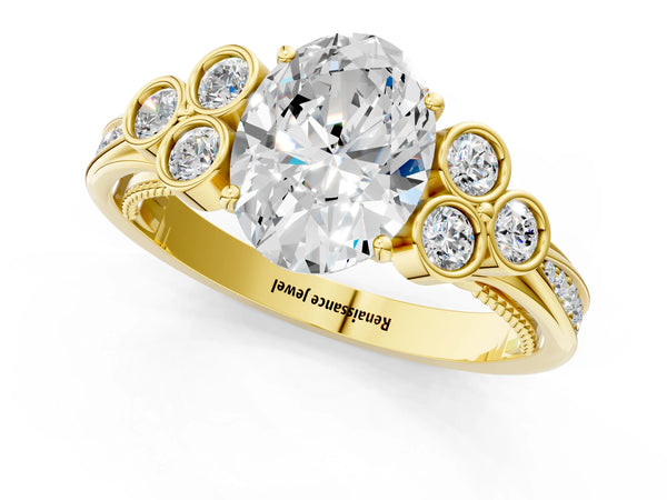 Yellow Gold Oval Vintage Engagement Ring Setting with Bezel-Set Shoulder Clusters and Milgrain