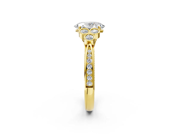 Yellow Gold Oval Vintage Engagement Ring Setting with Bezel-Set Shoulder Clusters and Milgrain