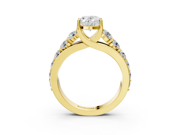Yellow gold Oval Cut Diamond Engagement Ring with Pavé Band and Four-Prong Setting