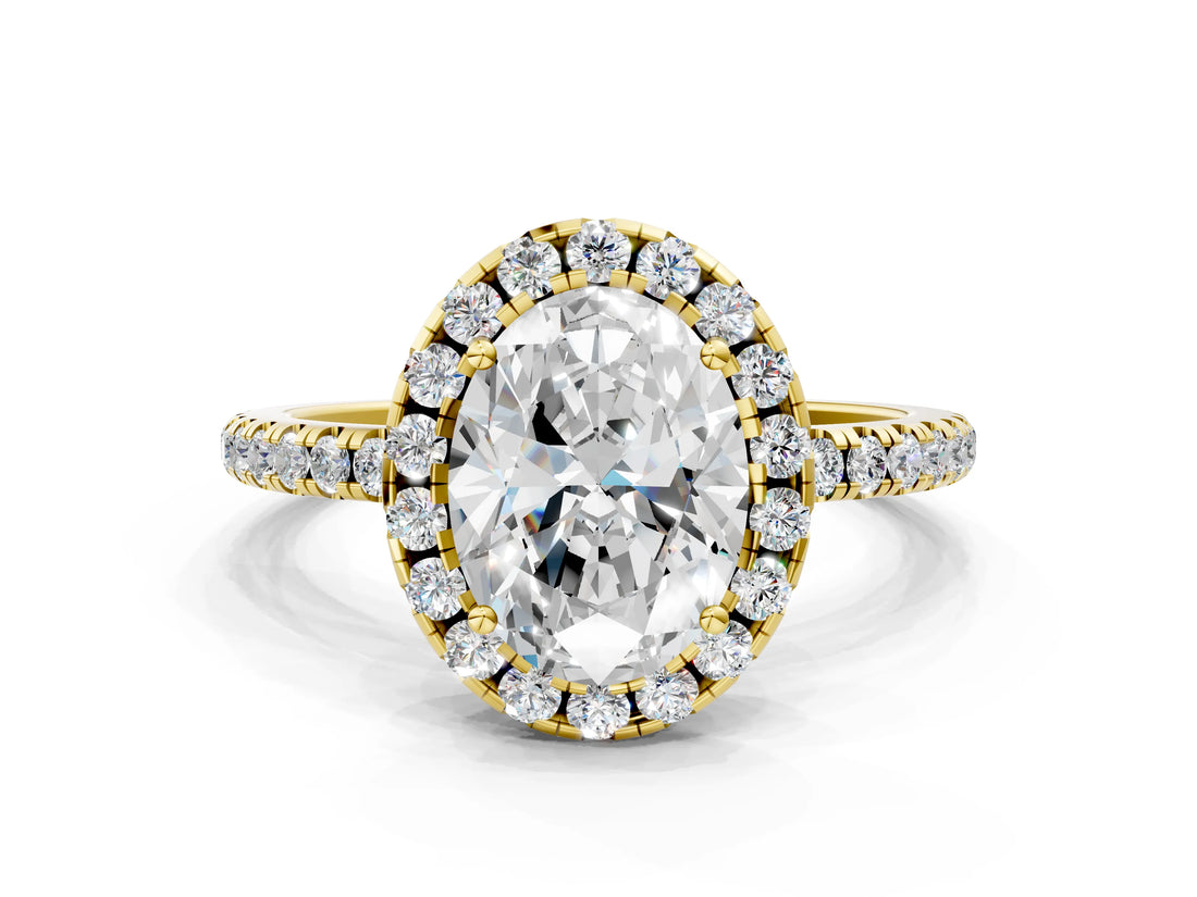 Yellow gold Oval Cut Diamond Floral Halo Engagement Ring with Pavé Band and Prong Setting_37