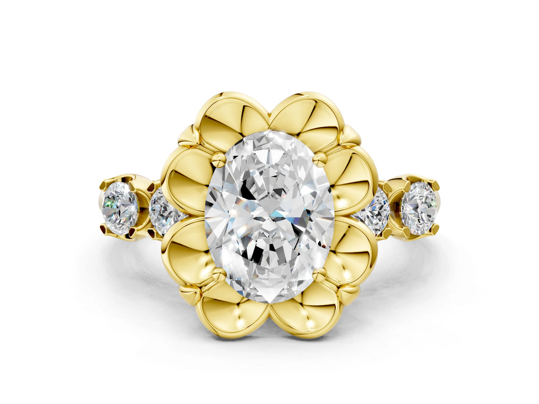 Yellow gold Oval Cut Diamond Floral Halo Engagement Ring with Shared Prong Setting 1