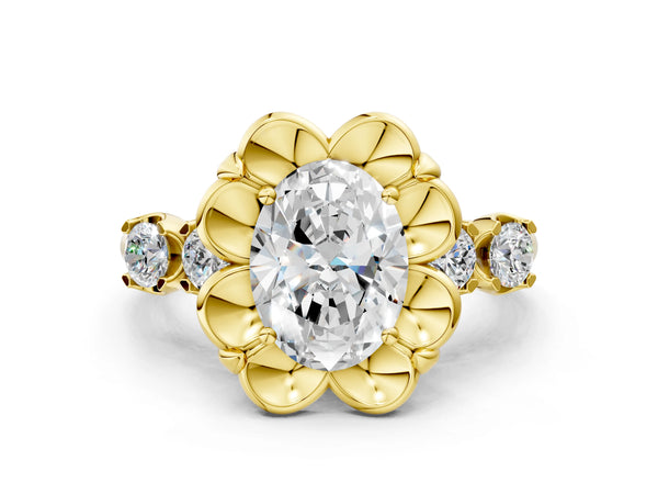 Yellow gold Oval Cut Diamond Floral Halo Engagement Ring with Shared Prong Setting