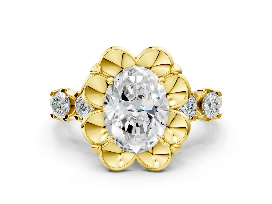 Yellow gold Oval Cut Diamond Floral Halo Engagement Ring with Shared Prong Setting