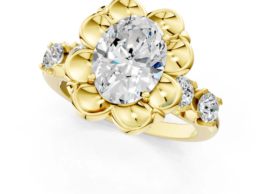 Yellow gold Oval Cut Diamond Floral Halo Engagement Ring with Shared Prong Setting