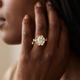 Yellow gold Oval Cut Diamond Floral Halo Engagement Ring with Shared Prong Setting_14