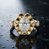 Yellow gold Oval Cut Diamond Floral Halo Engagement Ring with Shared Prong Setting_15