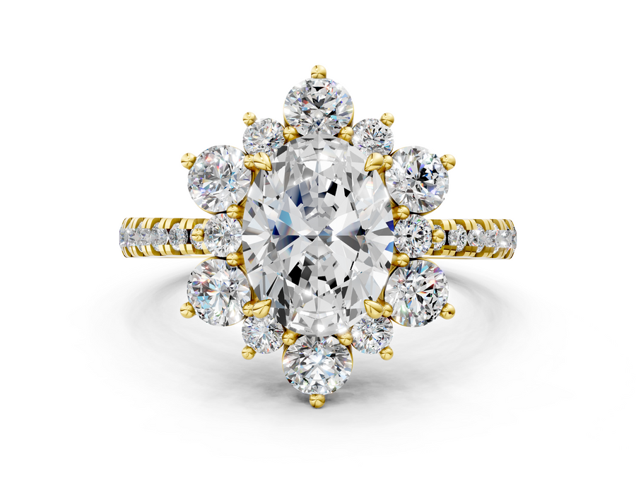 Yellow gold Oval Cut Diamond Floral Halo Pave Band with Prong Setting