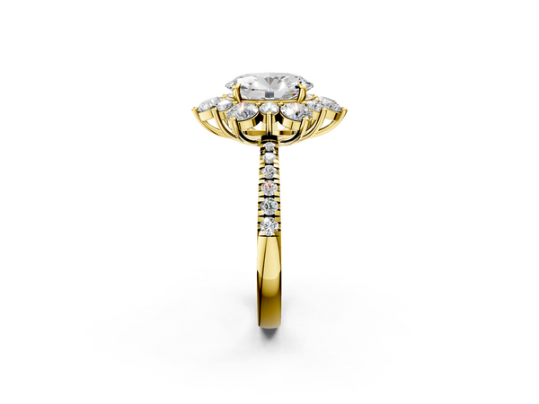 Yellow gold Oval Cut Diamond Floral Halo Pave Band with Prong Setting