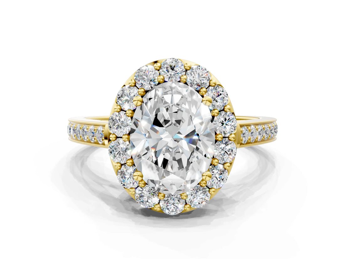 Yellow gold Oval Cut Diamond Floral Halo Ring with Pavé Band and Prong Setting_3