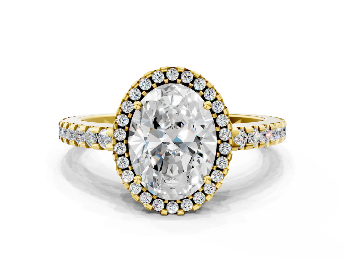 Yellow gold Oval Cut Diamond Halo Engagement Ring with Pavé Band and Prong Setting_27