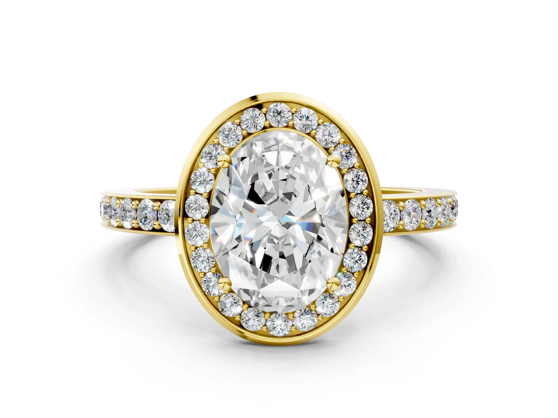 Yellow gold Oval Cut Diamond Halo Ring with Bezel Frame and Pavé Band_3