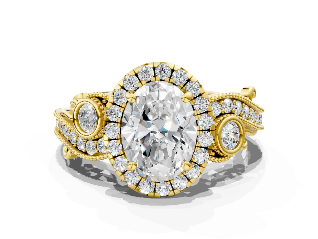 Yellow gold Oval Cut Diamond Halo Ring with Milgrain Pavé Band and Four-Prong Setting_39