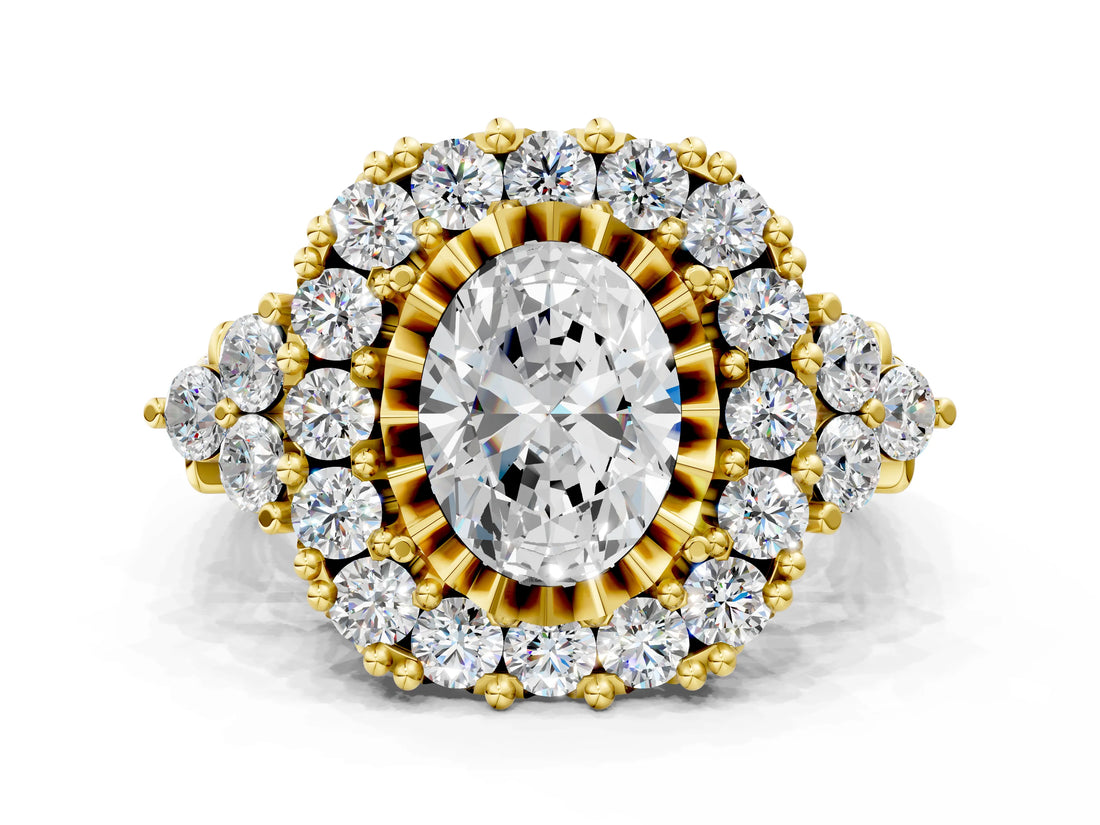Yellow gold Oval Cut Diamond Halo Ring with Pavé Band and Four-Prong Setting_58