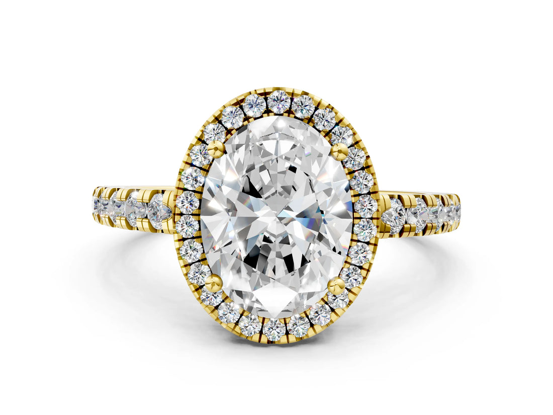 Yellow gold Oval Cut Diamond Halo Ring with Pavé Band and Four-Prong Setting_7
