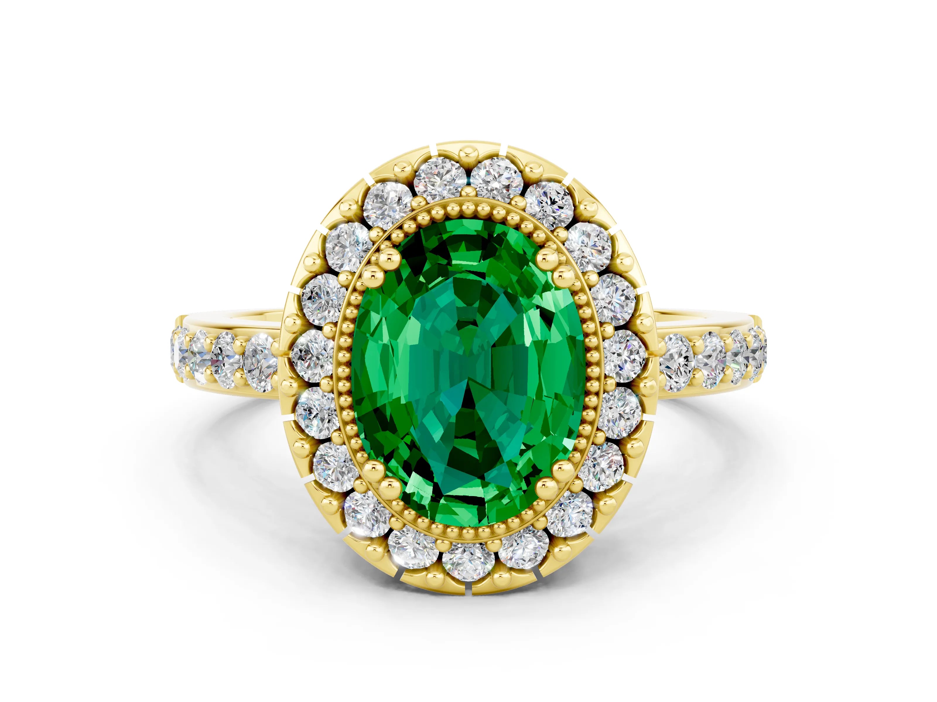 Yellow gold Oval Cut Diamond Halo Ring with Pavé Band and Prong Setting